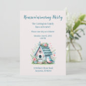 Sweet Blue and Pink Birdhouse Housewarming Party Einladung (Stehend Vorderseite)