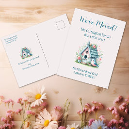 Sweet Blue and Pink Birdhouse "We ve Moved" Postkarte