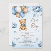 Sweet Blue Balloon Teddy Baby Boy Dusche Einladung (Vorderseite)