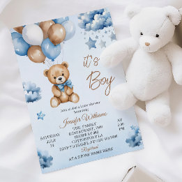 Sweet Blue Balloon Teddy Baby Boy Dusche Einladung