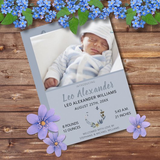 Sweet Blue Boho Floral Baby Boy Foto Birth Ankündigung