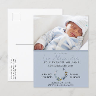 Sweet Blue Boho Floral Baby Boy Foto Birth Announ Ankündigungspostkarte