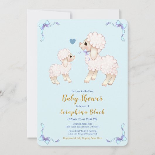 Sweet Blue Boy Lamb Baby Dusche Einladung (Vorderseite)