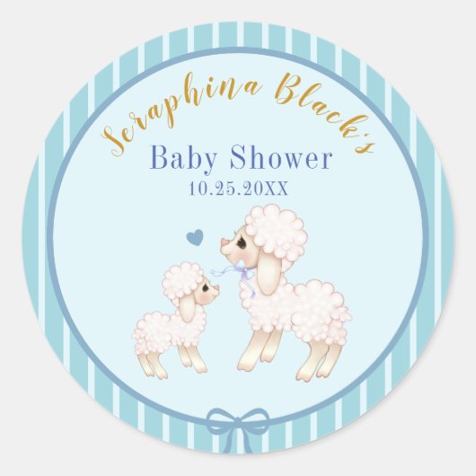 Sweet Blue Boy Lamb Baby Dusche Runder Aufkleber (Vorderseite)