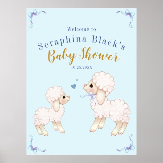 Sweet Blue Boy Lamb Baby Dusche Willkommenspender Poster (Vorne)