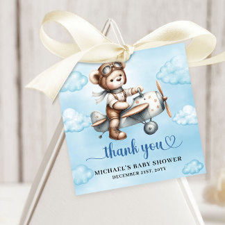 Sweet Blue Brown Teddy Bear Pilot Boy Shower Geschenkanhänger