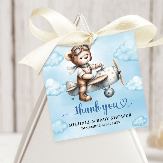 Sweet Blue Brown Teddy Bear Pilot Boy Shower Geschenkanhänger