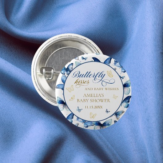Sweet Blue Butterfly Kisses Baby Dusche Party Button