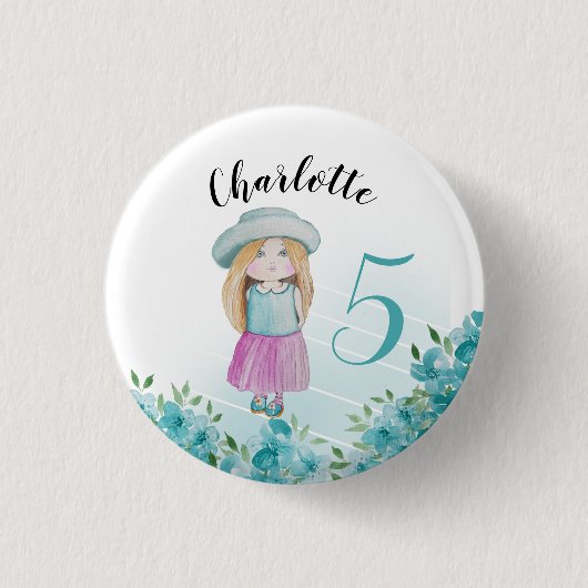 Sweet Blue Doll Watercolor Handgemalt Button (Vorderseite)