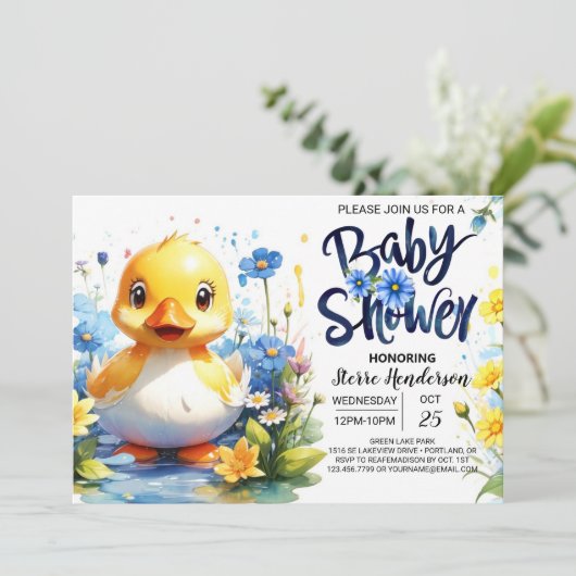 Sweet Blue Duckling Baby Dusche Einladung (Stehend Vorderseite)
