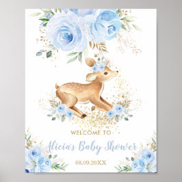 Sweet Blue Floral Baby Deer Fawn Boy Baby Dusche Poster