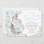 Sweet Blue Floral Elephant Drive by Baby Dusche Einladung (Vorderseite)