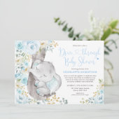 Sweet Blue Floral Elephant Drive by Baby Dusche Einladung (Stehend Vorderseite)