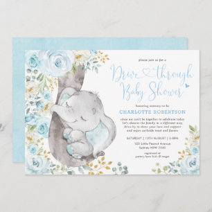 Sweet Blue Floral Elephant Drive by Baby Dusche Einladung