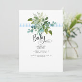 Sweet Blue Gingham Foliage Baby Dusche Einladung (Stehend Vorderseite)