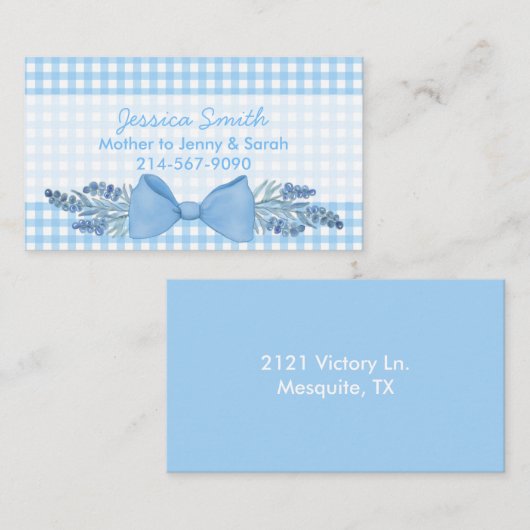 Sweet Blue Gingham mit Blume und Bow Mommy Telefonnummerkarte (Vorne/Hinten)