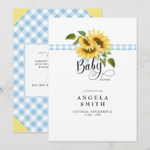 Sweet Blue Gingham Sunflower Baby Dusche Einladung
