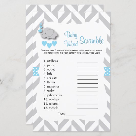 Sweet Blue & Gray Elephant Baby Shower - Word Game (Vorne/Hinten)