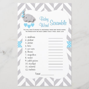 Sweet Blue & Gray Elephant Baby Shower - Word Game