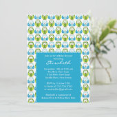 Sweet Blue Green Owls Boy Baby Dusche Einladung (Stehend Vorderseite)