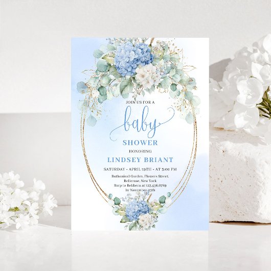 Sweet Blue Hydrangea Floral Baby Shower Invitation Einladung