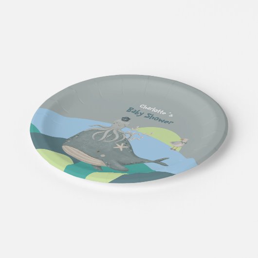 Sweet Blue Nautical Whale Baby Dusche Pappteller (Schrägansicht)