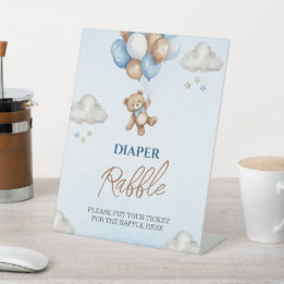 Sweet Blue Teddy Diaper Raffle Duschzeichen Sockelschild