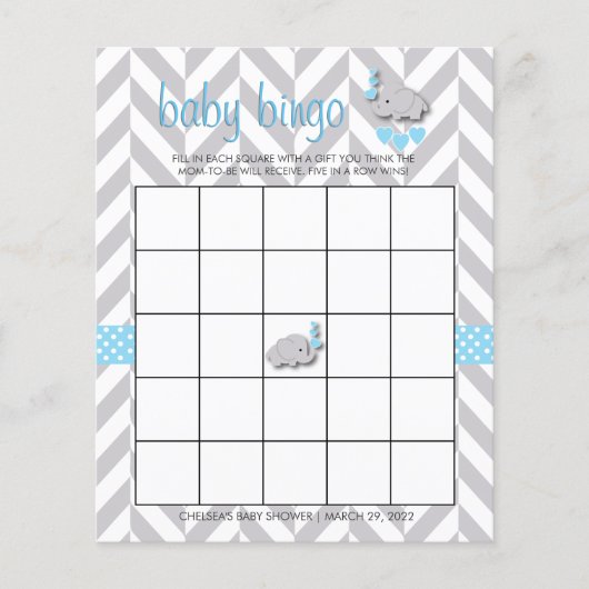 Sweet Blue und Gray Elephant Baby Shower Bingo (Vorderseite)