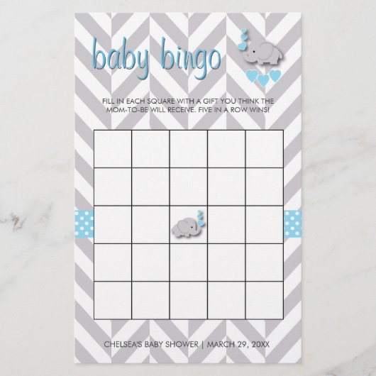 Sweet Blue und Gray Elephant Baby Shower Bingo Briefpapier (Vorderseite)
