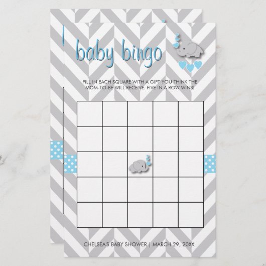 Sweet Blue und Gray Elephant Baby Shower Bingo Briefpapier (Vorne/Hinten)