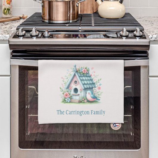 Sweet Blue und Pink Birdhouse Personalisiert Geschirrtuch