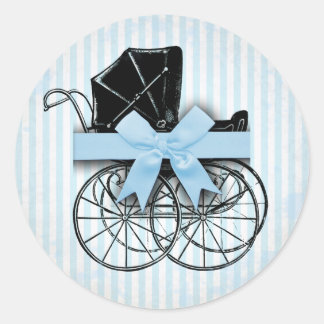 Sweet Blue Vintag Baby Carriage Pram and Bow Runder Aufkleber