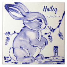 Sweet Blue & White Baby Bunny Tile Personalisiert