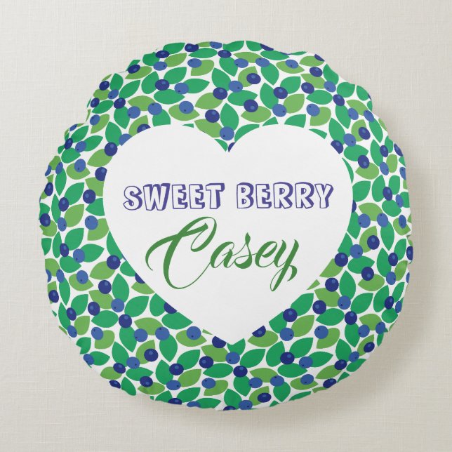 Sweet Blueberries Modern Pattern Blue Green. Rundes Kissen (Vorderseite)