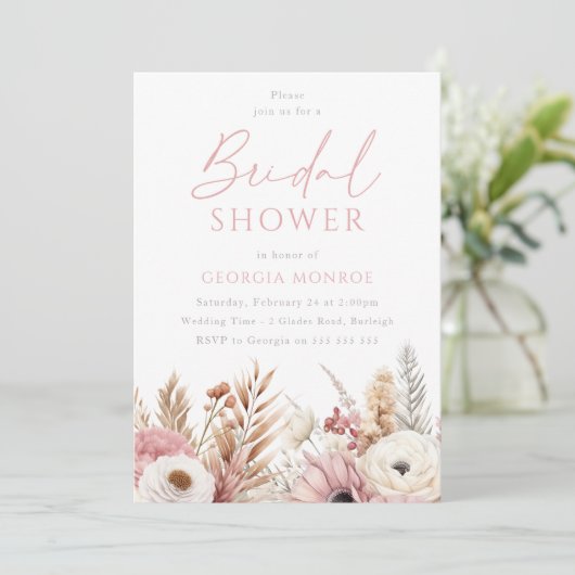 Sweet Blush Boho Flowers Bridal Shower Einladung (Stehend Vorderseite)