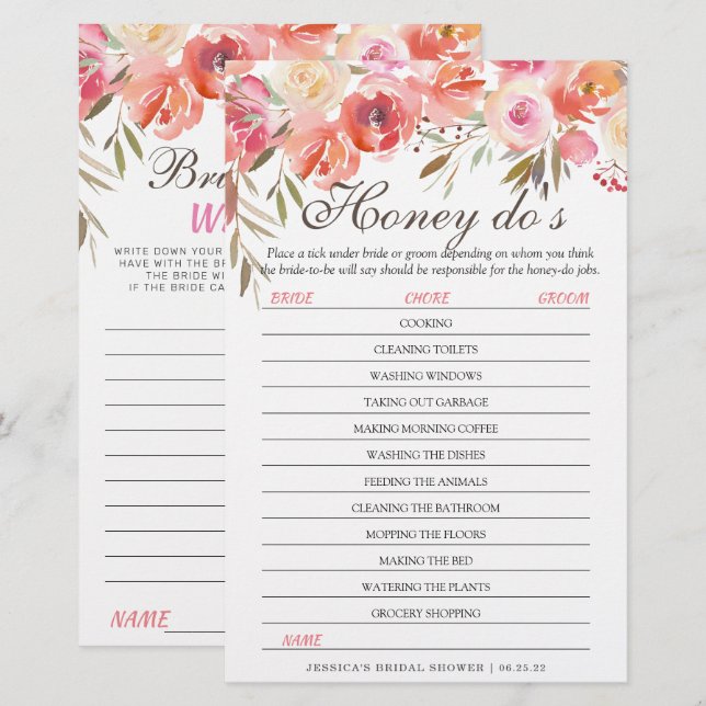 Sweet Blush Floral Doppelseitiges Brautparty Game (Vorne/Hinten)