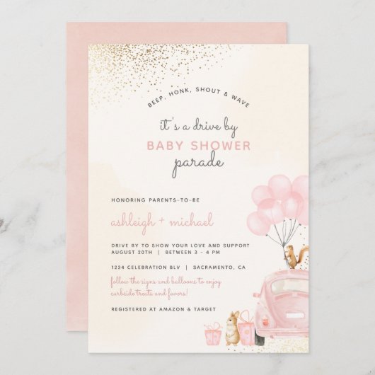 Sweet Blush Pink Balloons Auto mit Babydusche Einladung (Vorne/Hinten)