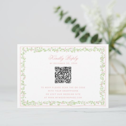 Sweet Blush Pink Floral Frame RSVP w/ Bow QR Code (Stehend Vorderseite)