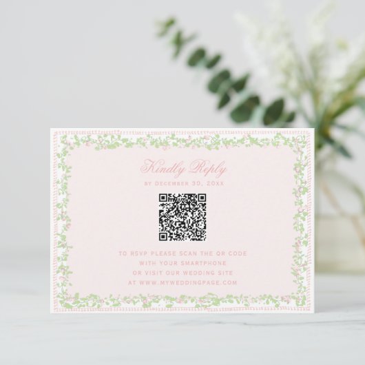 Sweet Blush Pink Floral Frame RSVP w/ Bow QR Code (Stehend Vorderseite)