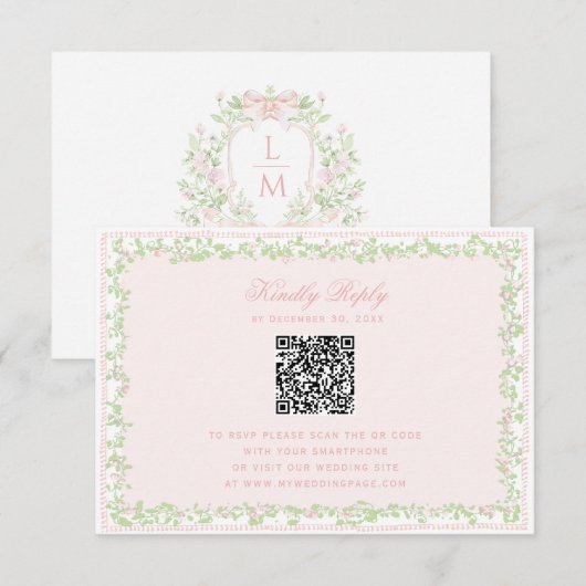 Sweet Blush Pink Floral Frame RSVP w/ Bow QR Code (Vorne/Hinten)