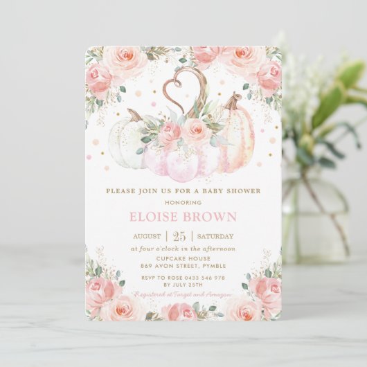 Sweet Blush Pink Floral Pumpkins Baby Dusche Einladung (Stehend Vorderseite)