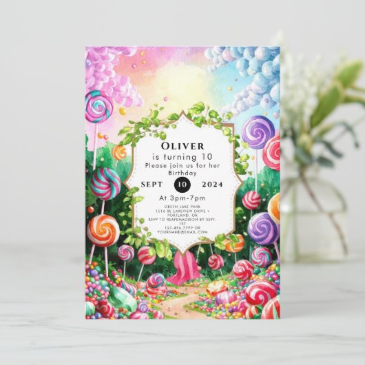 Sweet Boho Candyland Birthday Einladung (Stehend Vorderseite)