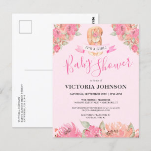 Sweet Boho Floral Squirrel Woodland Baby Dusche Postkarte