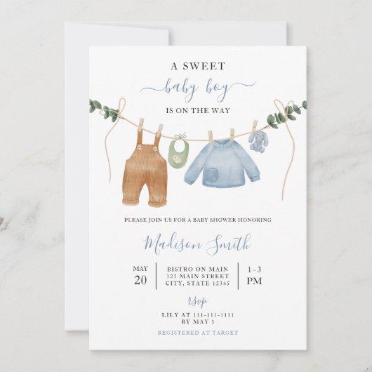 Sweet Boho Neutral Clothesline Boy Baby Dusche Einladung (Vorderseite)