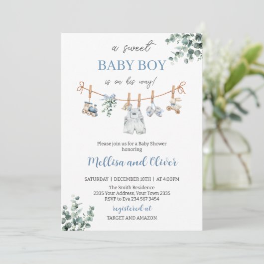 Sweet Boho Neutral Clothesline Boy Baby Shower Einladung (Stehend Vorderseite)