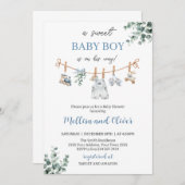 Sweet Boho Neutral Clothesline Boy Baby Shower Einladung (Vorne/Hinten)