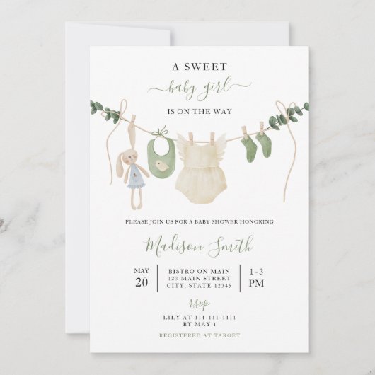 Sweet Boho Neutral Clothesline Girl Baby Shower Einladung (Vorderseite)