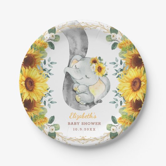 Sweet Boho Sonnenblume Elephant Baby Dusche Geburt Pappteller (Vorderseite)