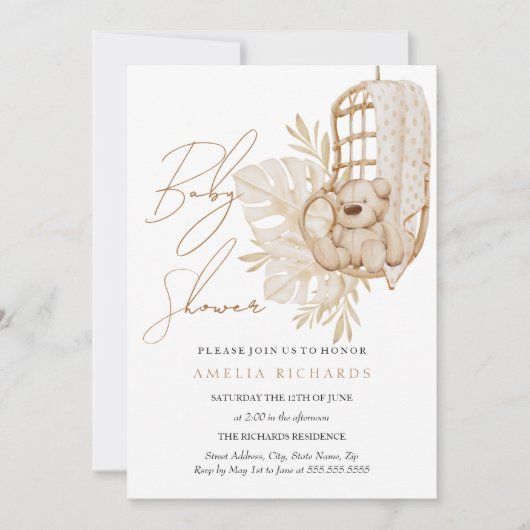 Sweet Boho Teddy Bear Blue Baby Dusche Einladung (Vorderseite)