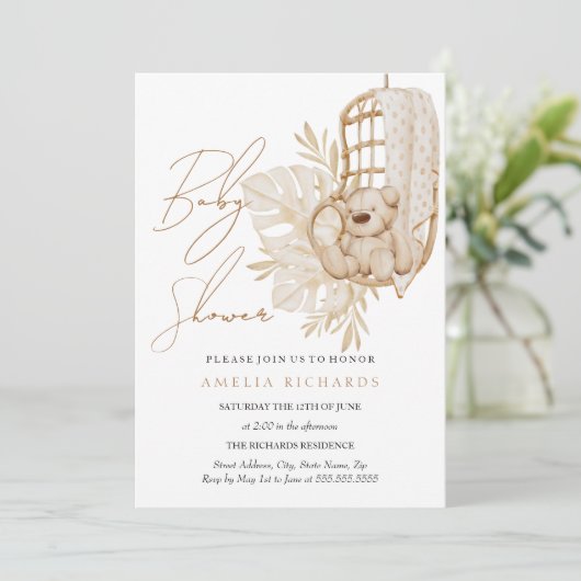 Sweet Boho Teddy Bear Blush Baby Dusche Einladung (Stehend Vorderseite)